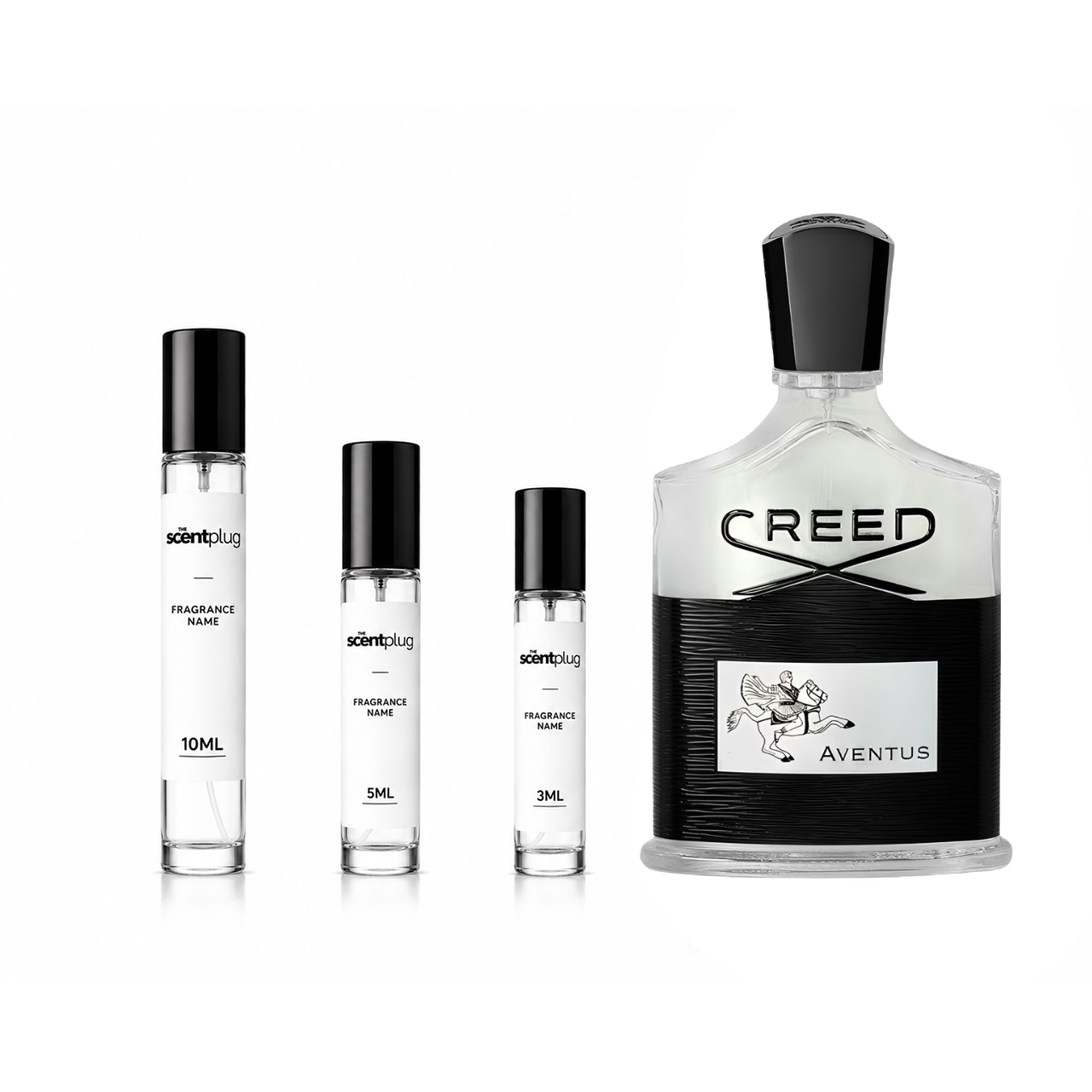 Aventus Creed sample decant bottle from The Scent Plug, showcasing the fragrance label and packaging for testing and travel use.