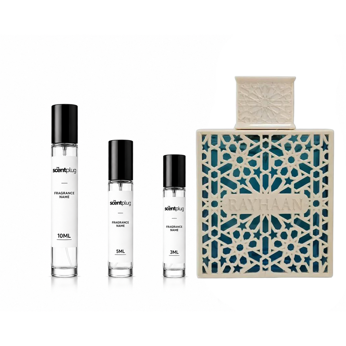 Azul Rayhaan fragrance decant by The Scent Plug, featuring a clear sample bottle with blue and white label and fragrance details