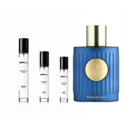 Azure Velvet Khadlaj perfume decant sample by The Scent Plug, showcasing the elegant glass bottle with a velvet-textured label.