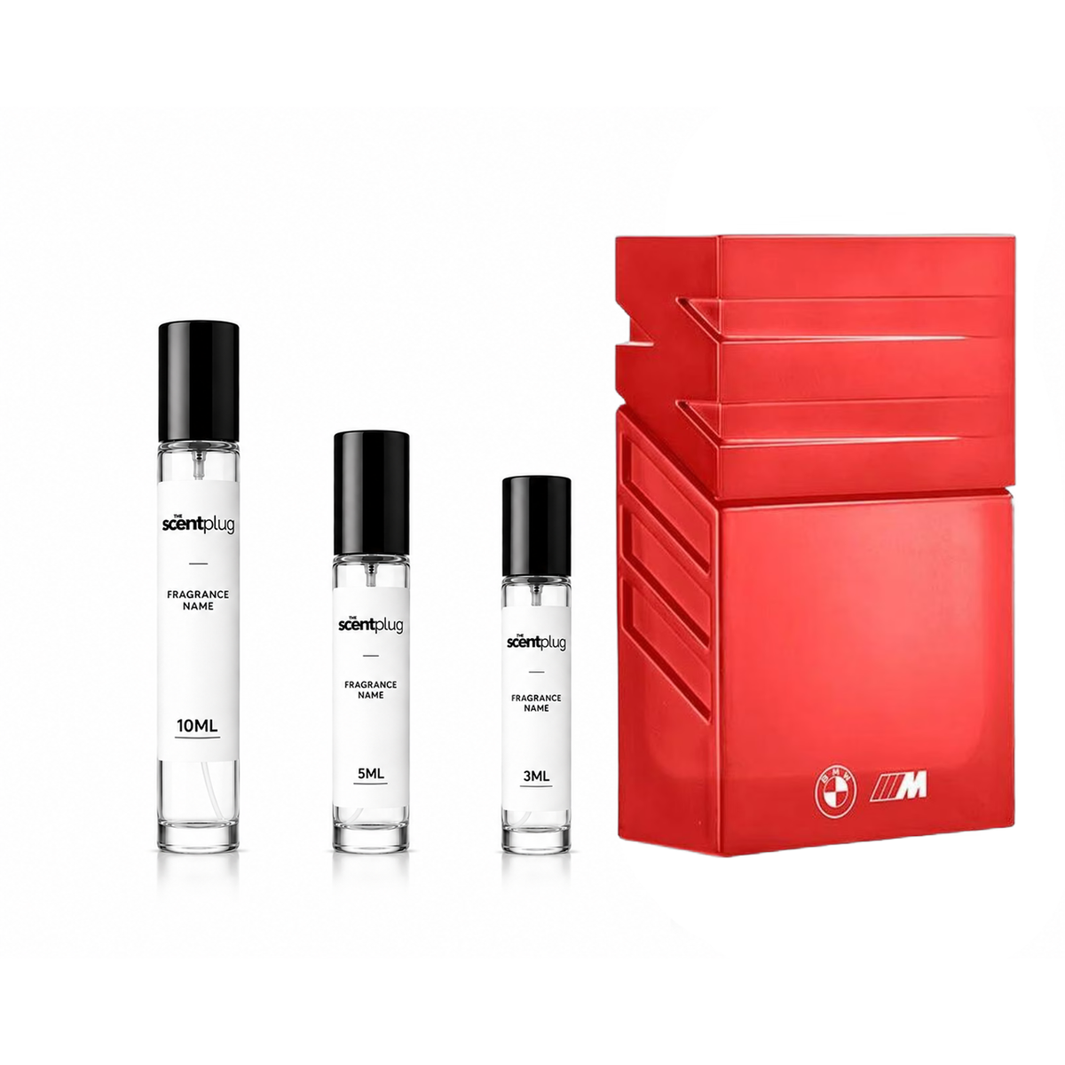 Sample decant of BMW M 2025 fragrance by The Scent Plug, showcasing the small fragrance bottle and branding.