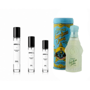 Baby blue Versace jeans decant bottle by The Scent Plug, featuring denim-inspired design and branding.
