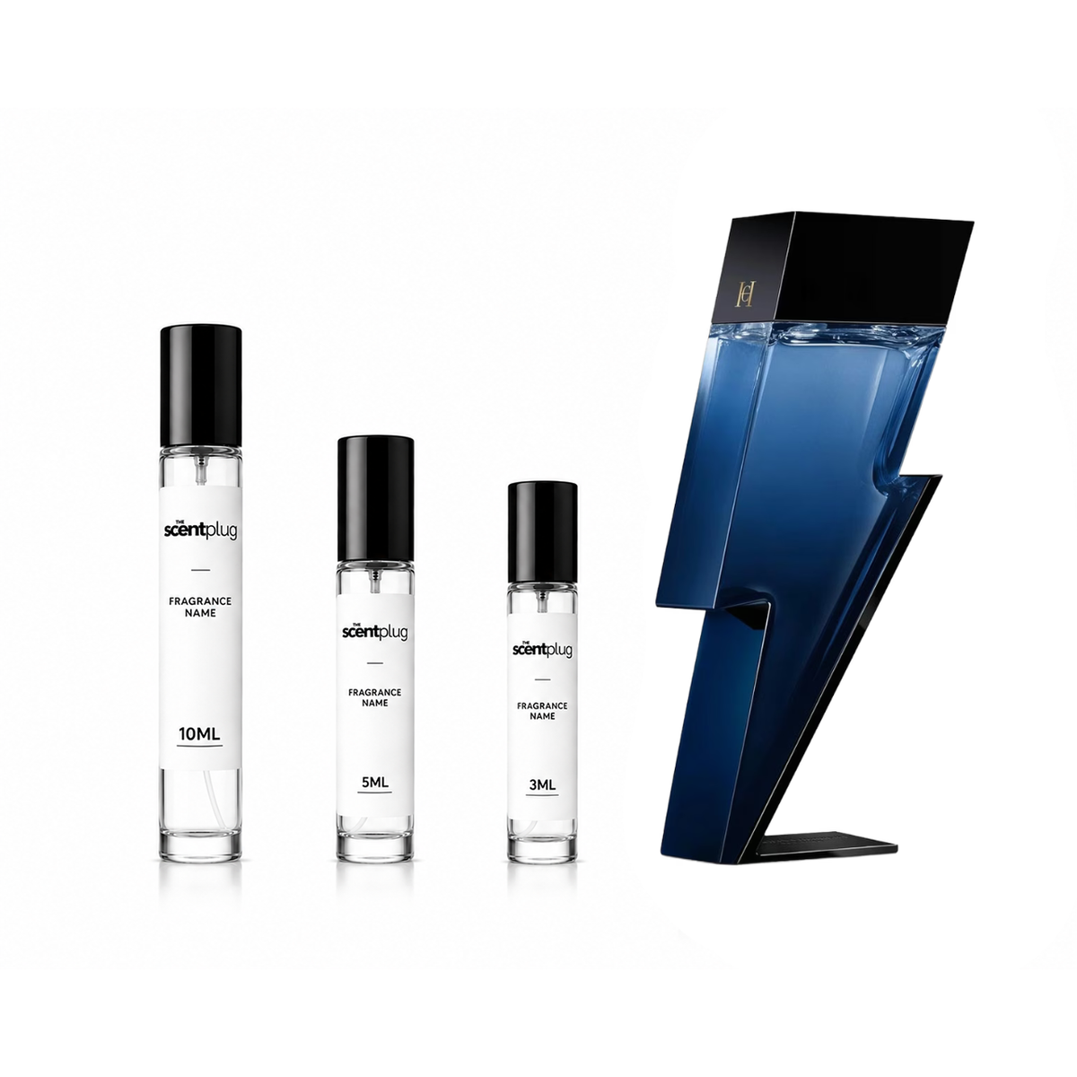 Sample of Bad Boy Cobalt Parfum Electrique by Carolina Herrera in a decant bottle, showcasing the fragrance's sleek design and branding.