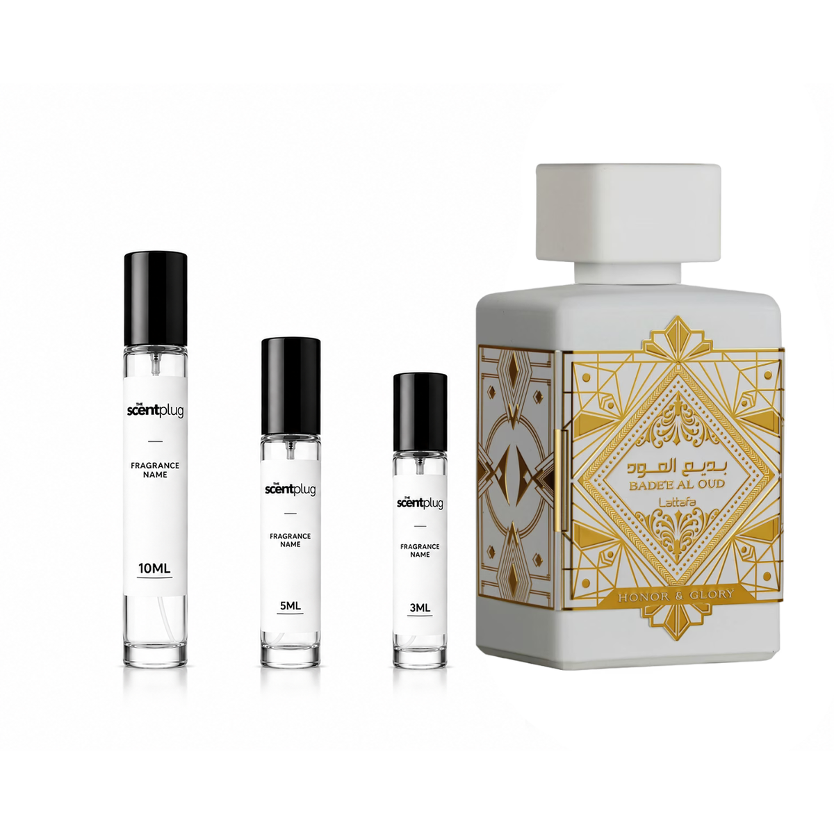 Decant sample of Bade'e Al Oud Honor & Glory Lattafa perfumes by The Scent Plug, featuring a fragrance bottle with intricate design.