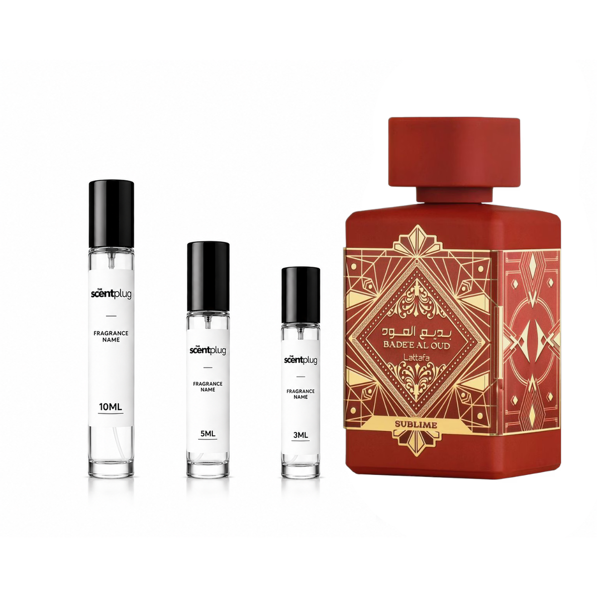 Decant of Bade'e Al Oud Sublime Lattafa perfume by The Scent Plug, showcasing elegant perfume bottle with intricate design.