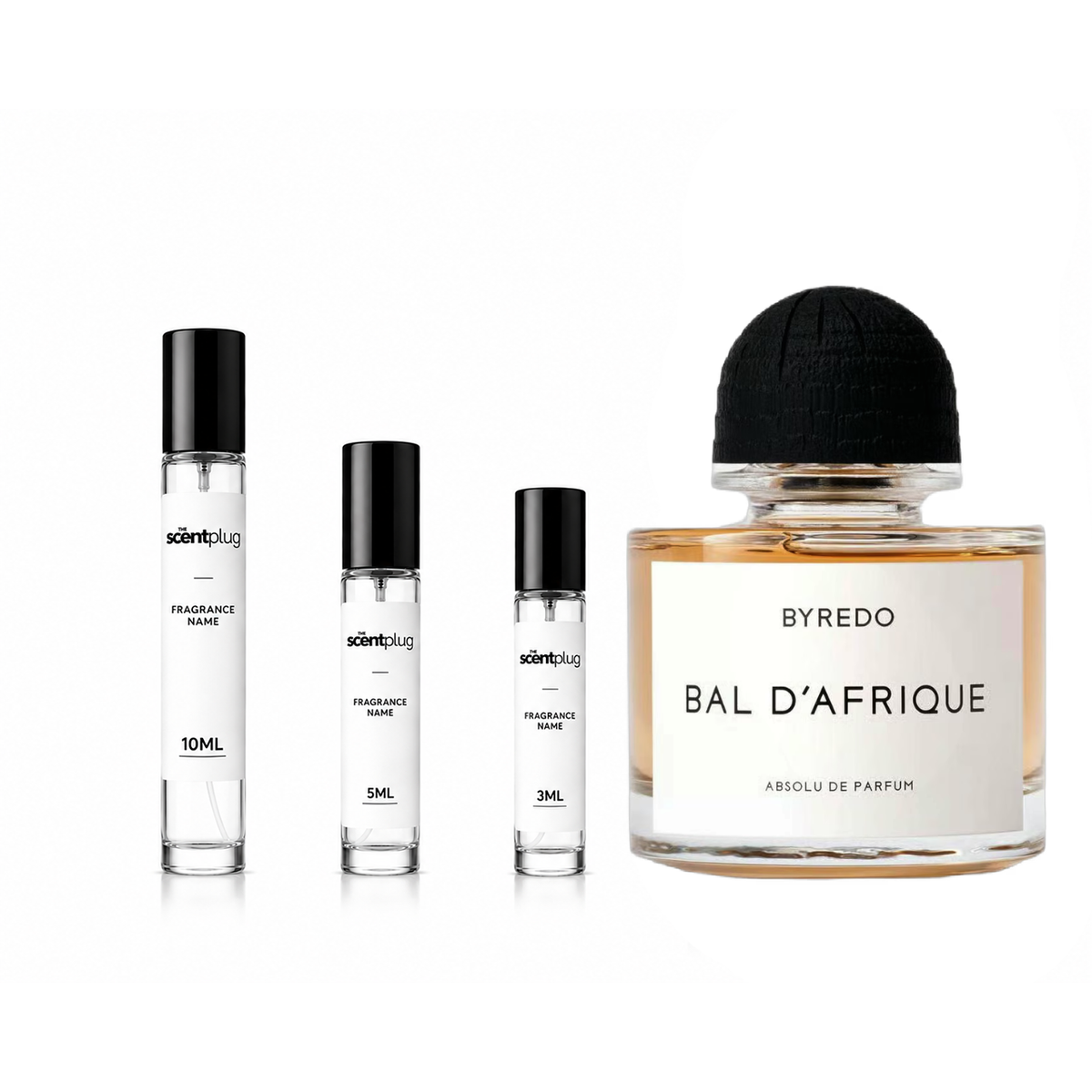 Bal d'Afrique Absolu Byredo perfume decant sample in a small clear vial with black cap, showcasing the elegant fragrance bottle.