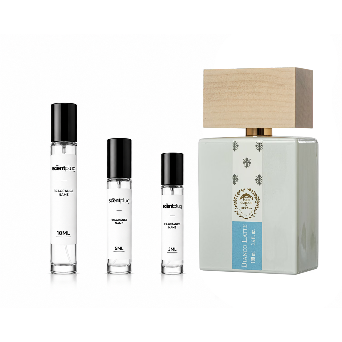 Sample of Bianco Latte Giardini Di Toscana decant from The Scent Plug, showcasing the elegant perfume bottle with a minimalist design.
