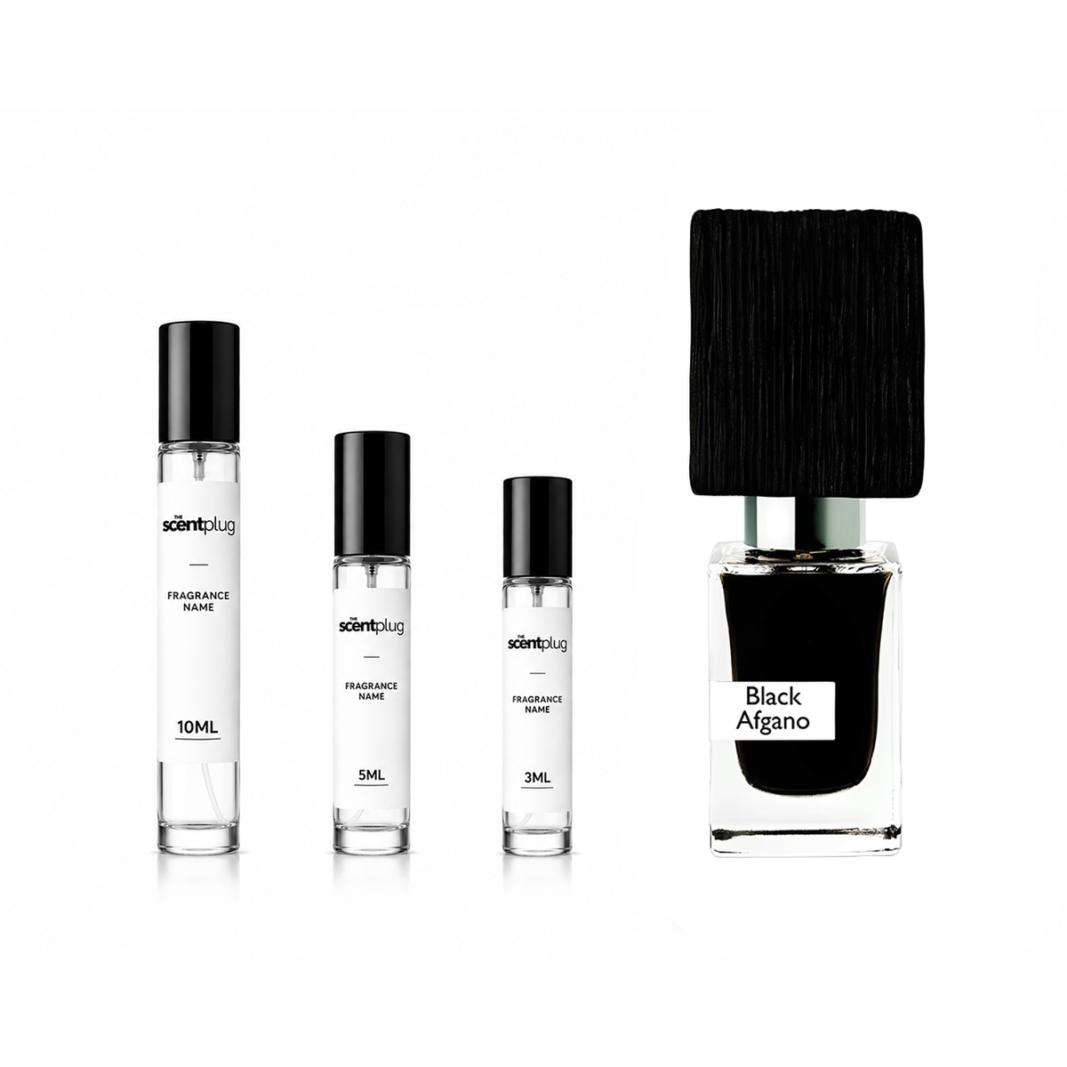 Black Afgano Nasomatto fragrance sample decant, showcasing the dark, sleek bottle with minimalist design and black label.