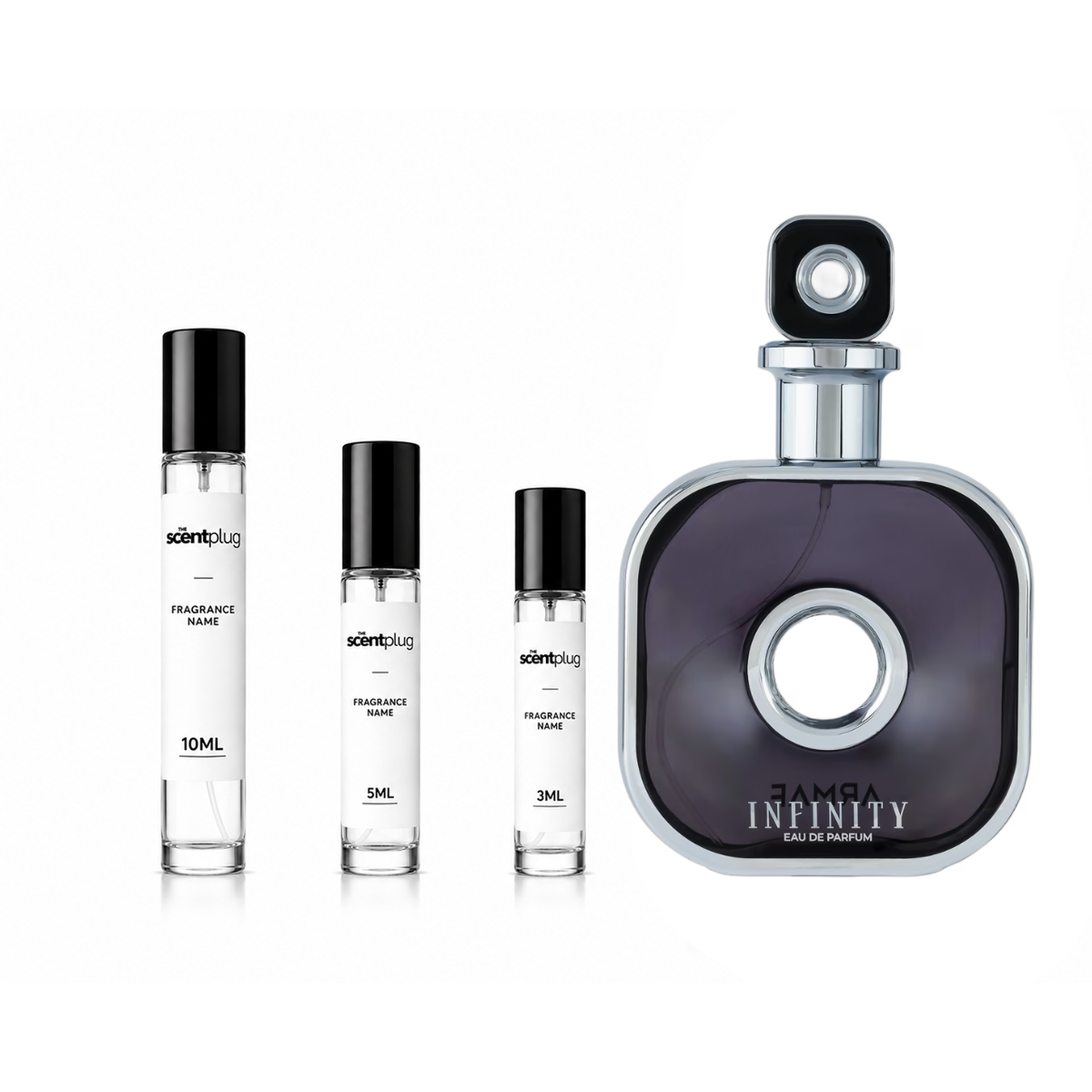Infinity Silver Black Armaf perfume decant sample by The Scent Plug, featuring a sleek black and silver bottle design.