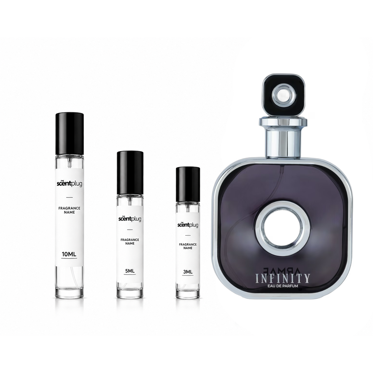 Infinity Silver Black Armaf perfume decant sample by The Scent Plug, featuring a sleek black and silver bottle design.