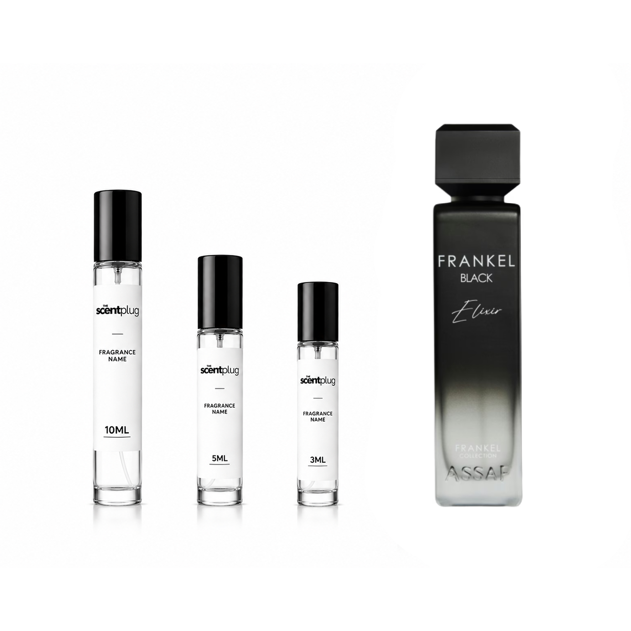 Black Elixir Assaf decant sample from The Scent Plug showcasing the dark-colored fragrance bottle on a neutral background.