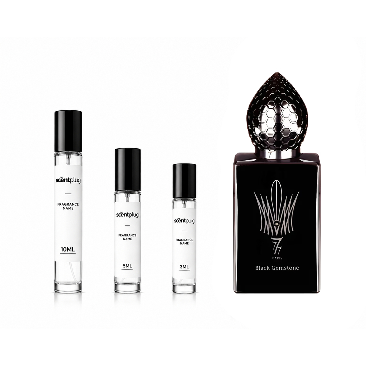 Black gemstone decant of Stéphane Humbert Lucas 777 perfume, sample size, featuring dark, polished stone with elegant presentation.