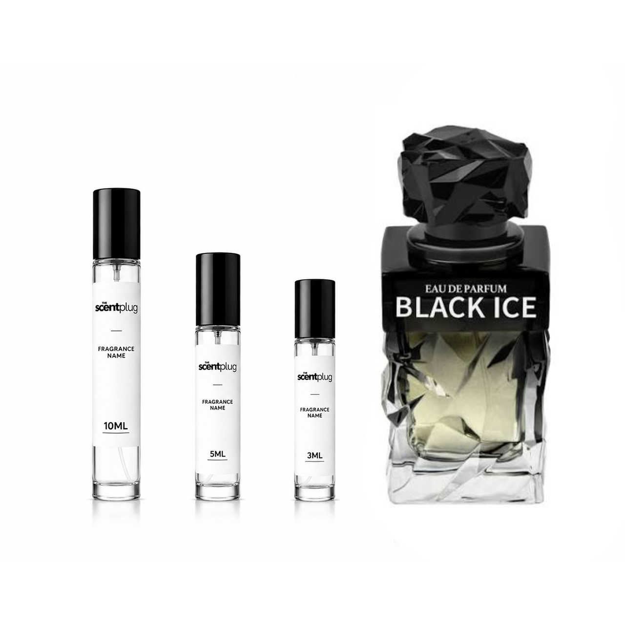 Black Ice Jdot Fragrance decant sample by The Scent Plug, showcasing the small container with black and silver design.