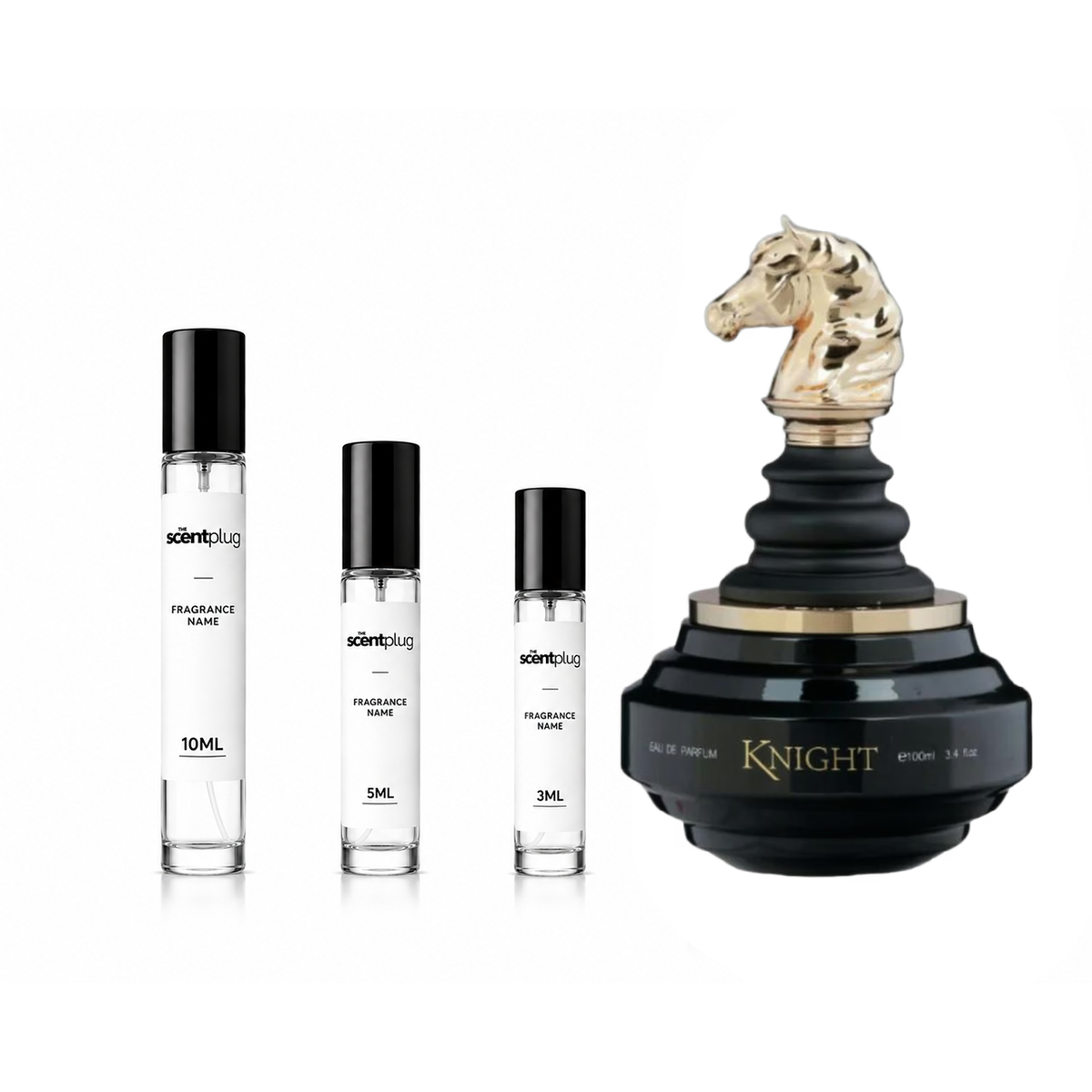 Black Knight Armaf fragrance decant sample by The Scent Plug, featuring a sleek black bottle and elegant design.