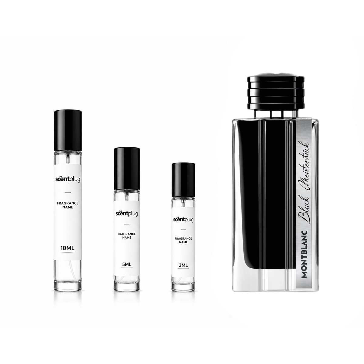 Black Meisterstuck Montblanc fragrance sample bottle from The Scent Plug, with black packaging and elegant design.