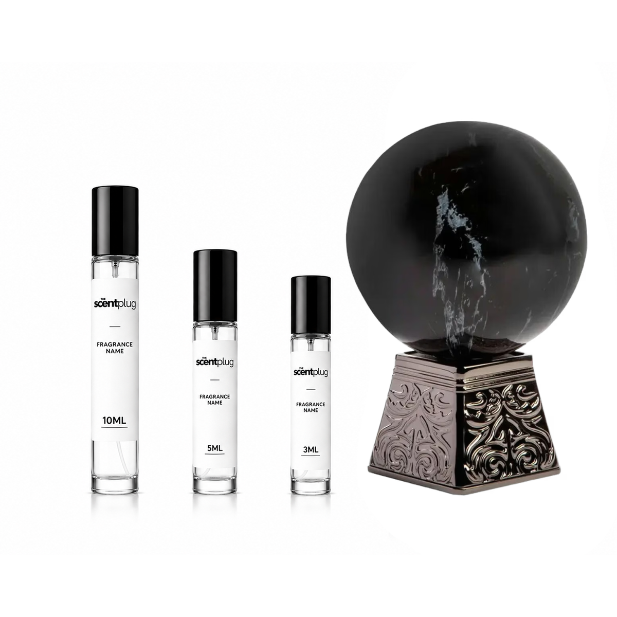 Black Obsidian Aurora Scents decant sample by The Scent Plug, featuring a sleek black bottle with a minimalist label.