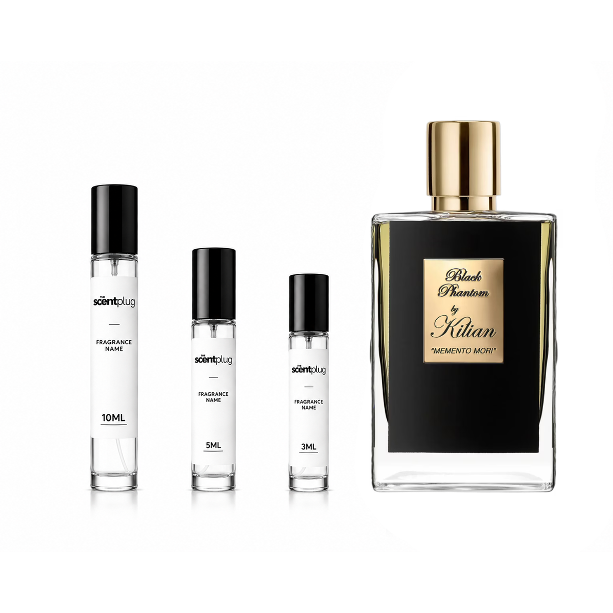Black Phantom by Kilian decant sample in a small container, showcasing the dark, luxurious fragrance bottle with elegant design.