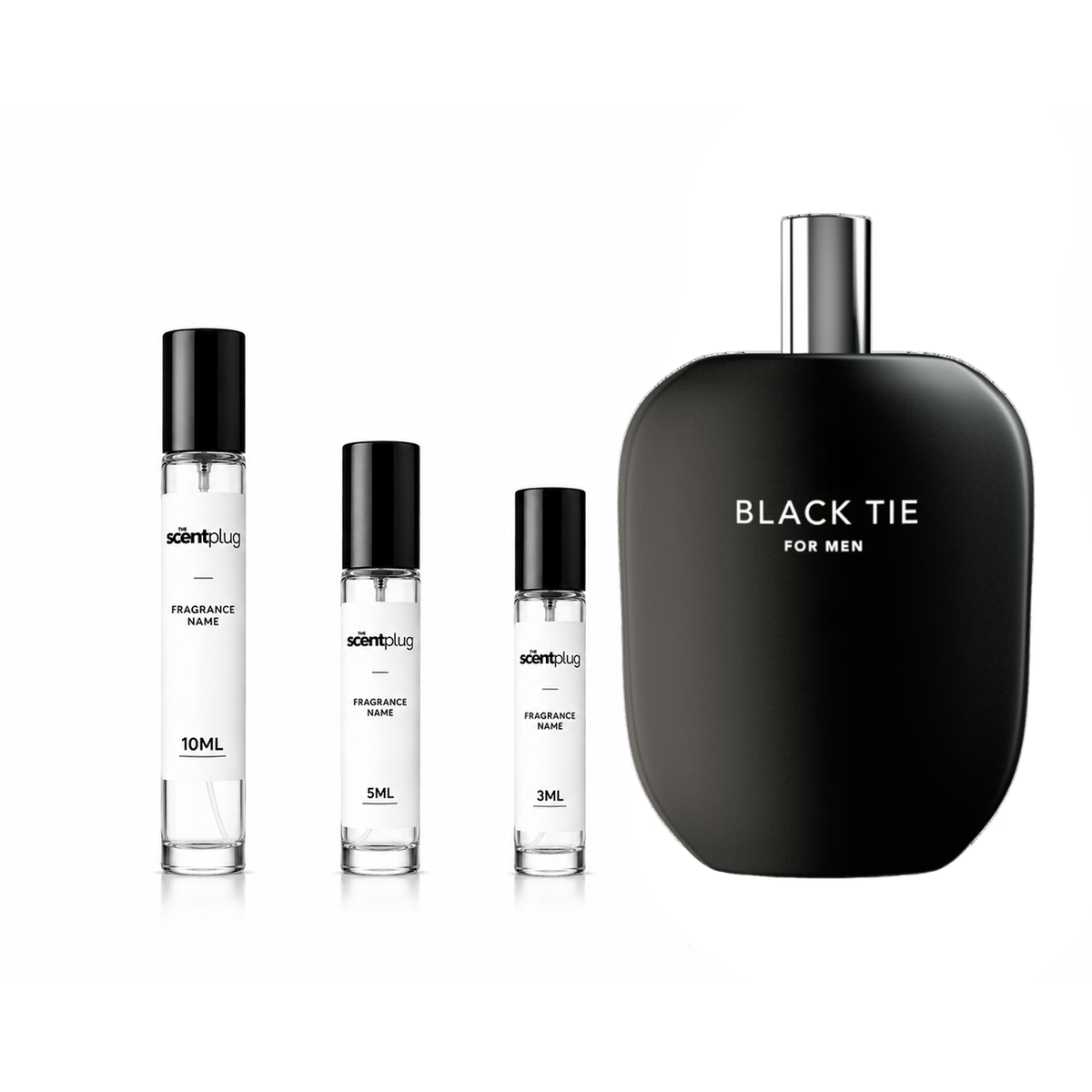 Sample of Black Tie Fragrance One decant by The Scent Plug, showcasing the small perfume bottle with black and silver design.