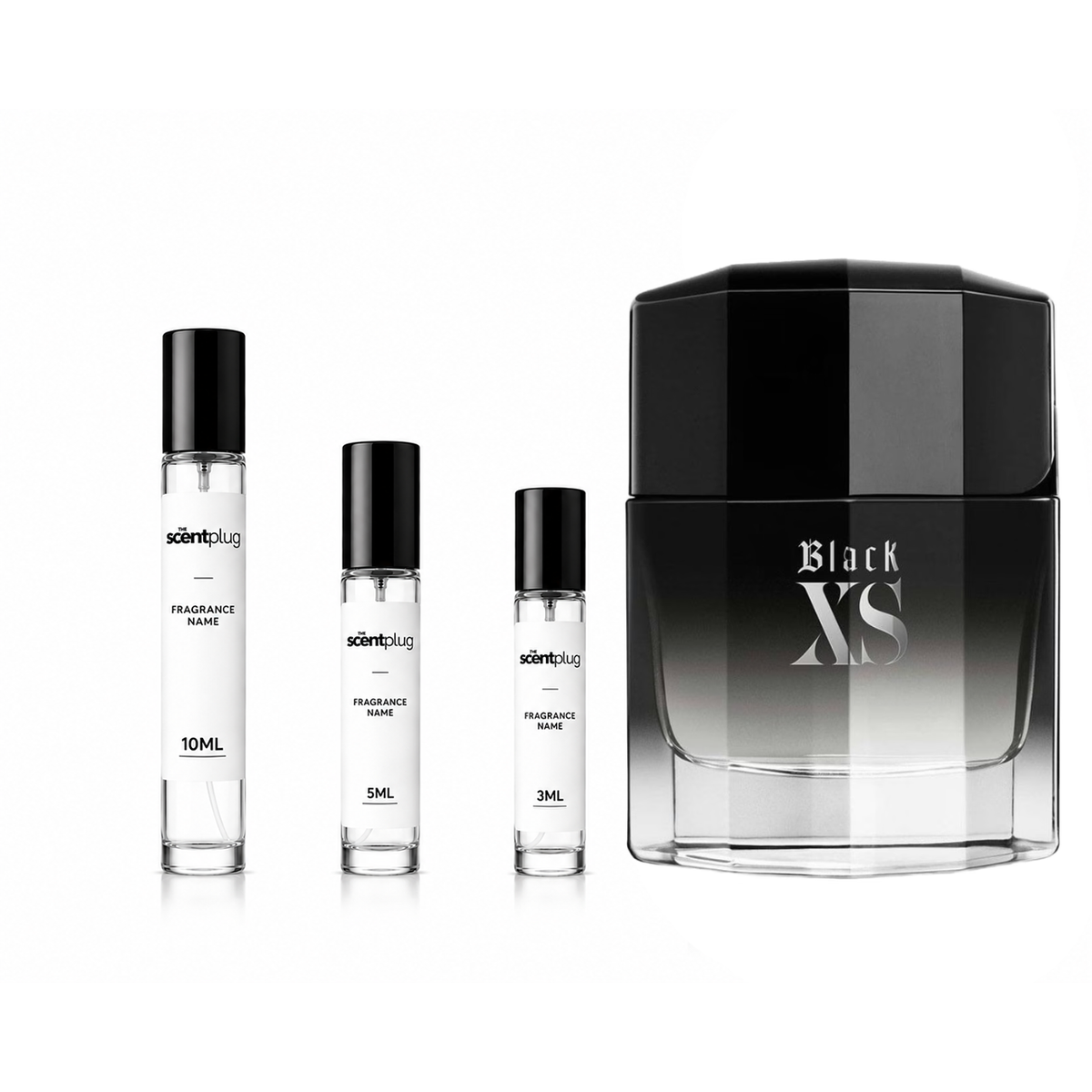 Black XS 2018 by Rabanne decant sample bottle, showcasing the sleek black fragrance container and branding.