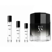 Black XS 2018 by Rabanne decant sample bottle, showcasing the sleek black fragrance container and branding.