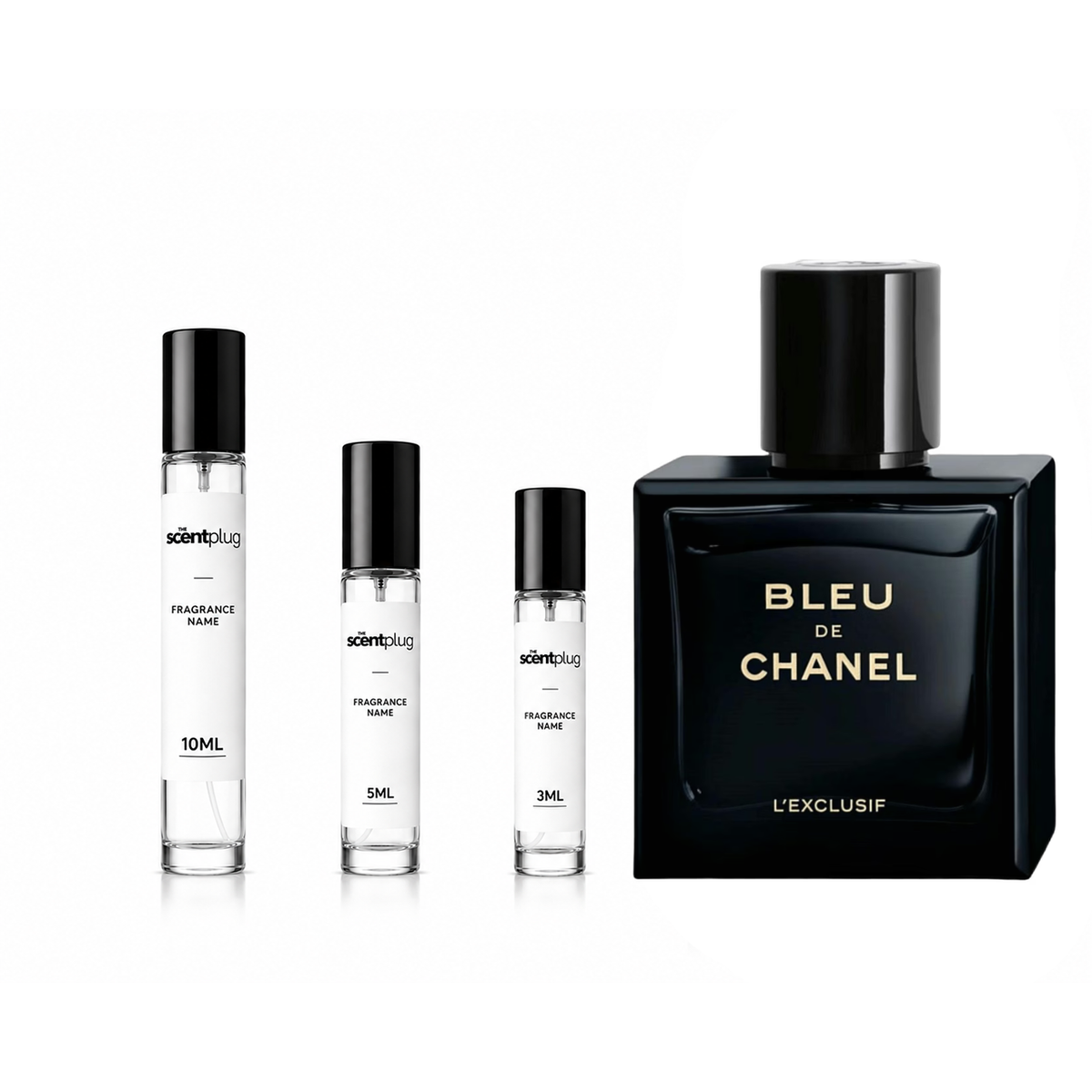 Sample of Bleu de Chanel L'Exclusif by Chanel in a decant bottle, showcasing the luxurious fragrance and elegant packaging.