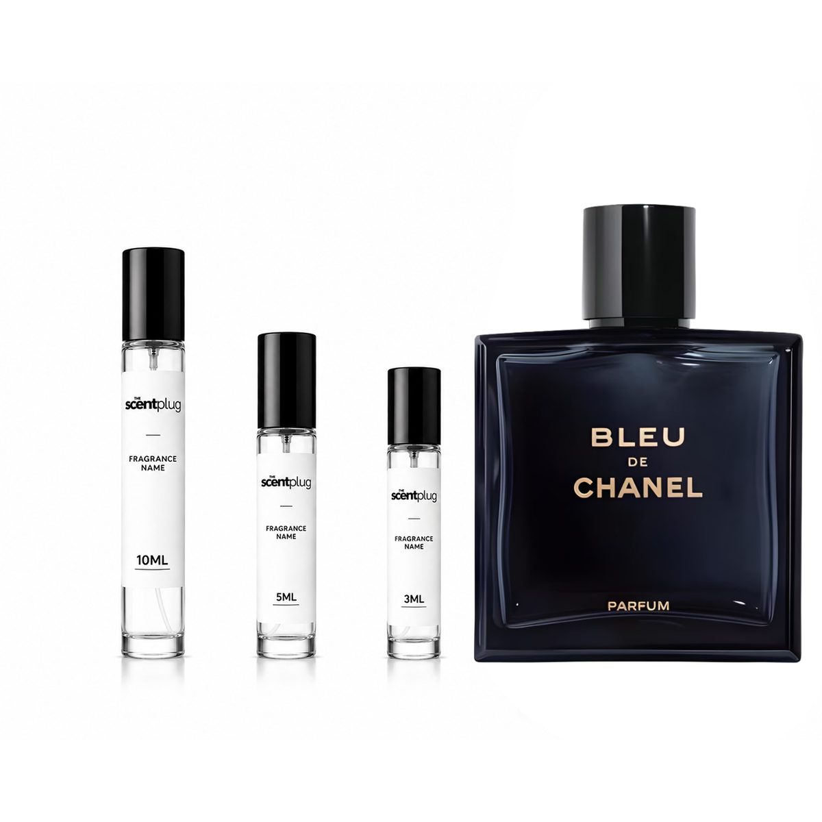 Bleu de Chanel Parfum sample bottle by The Scent Plug, showcasing the iconic fragrance bottle with sleek design and blue accents.