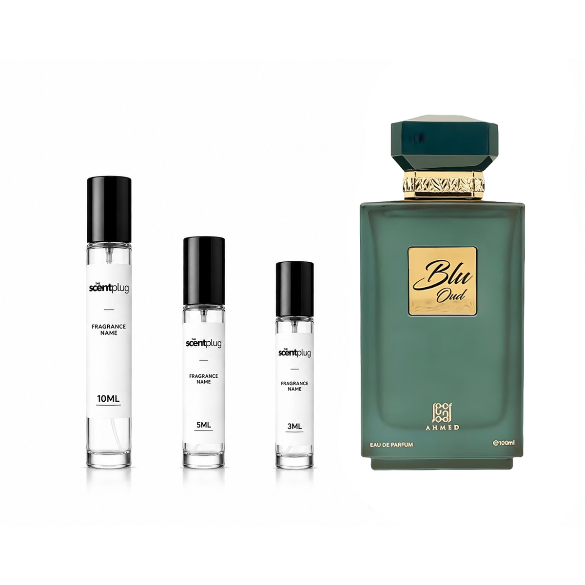 Blu Oud Ahmed Al Maghribi decant sample from The Scent Plug, showcasing a small glass bottle with a blue-tinted perfume liquid.