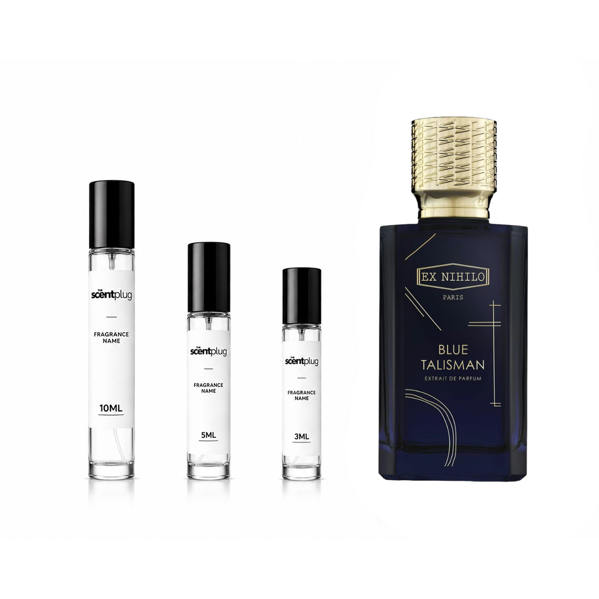 Blue Talisman Extrait de Parfum by Ex Nihilo, sample decant in a blue bottle, showcasing elegant fragrance packaging.