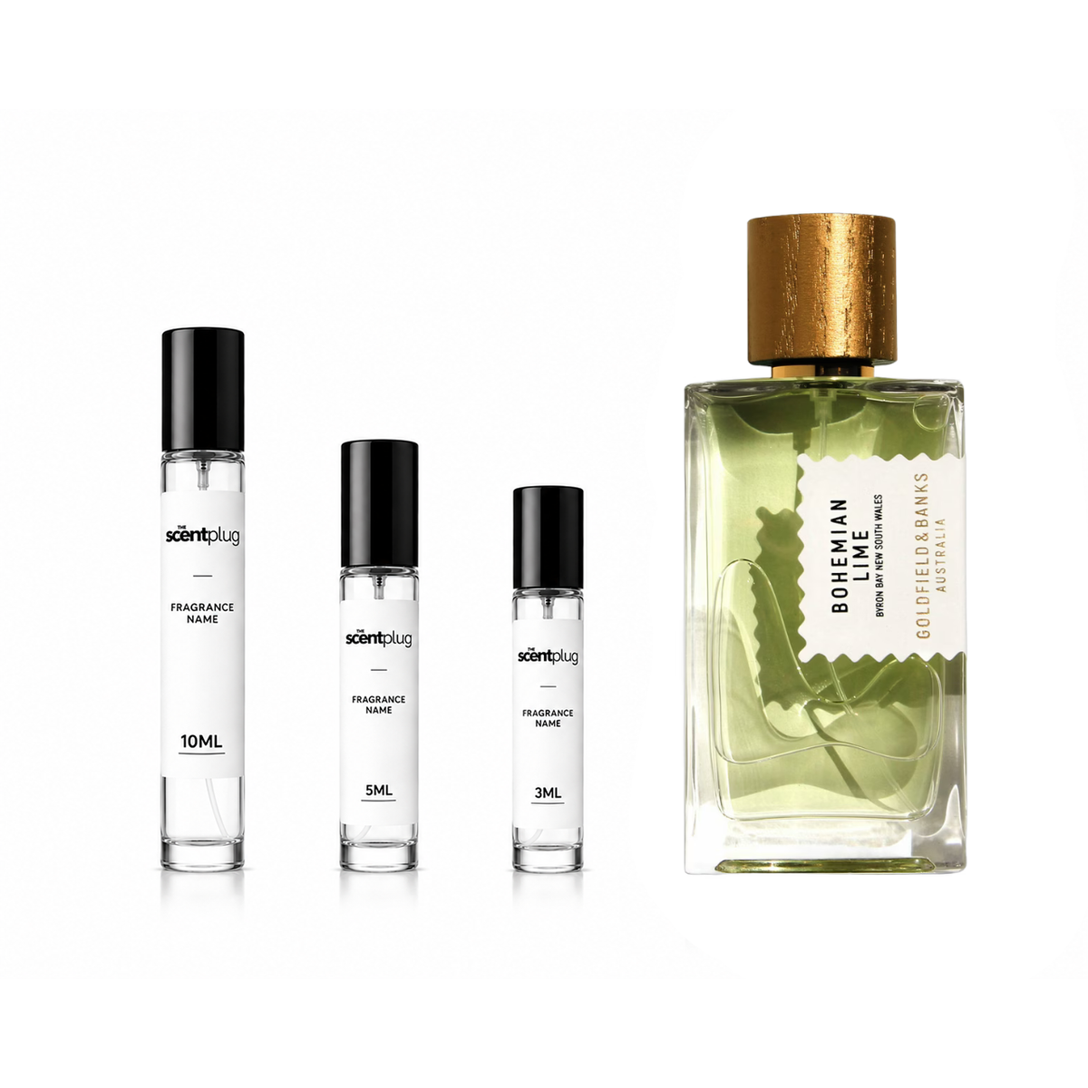 Bohemian Lime Goldfield & Banks Australia decant sample by The Scent Plug, featuring a clear glass bottle with gold accents and a colorful label
