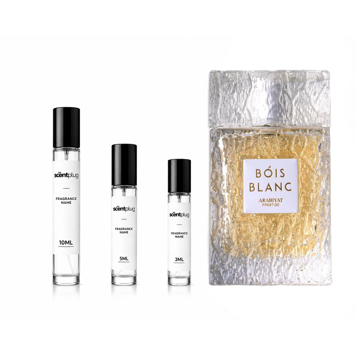 Bois Blanc Arabiyat Prestige decant sample from The Scent Plug, showcasing a luxurious perfume bottle with elegant design.