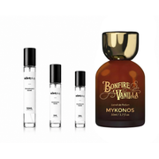 Sample of Bonfire Vanilla Mykonos fragrance by The Scent Plug, featuring a sleek decant bottle with a minimalist design.