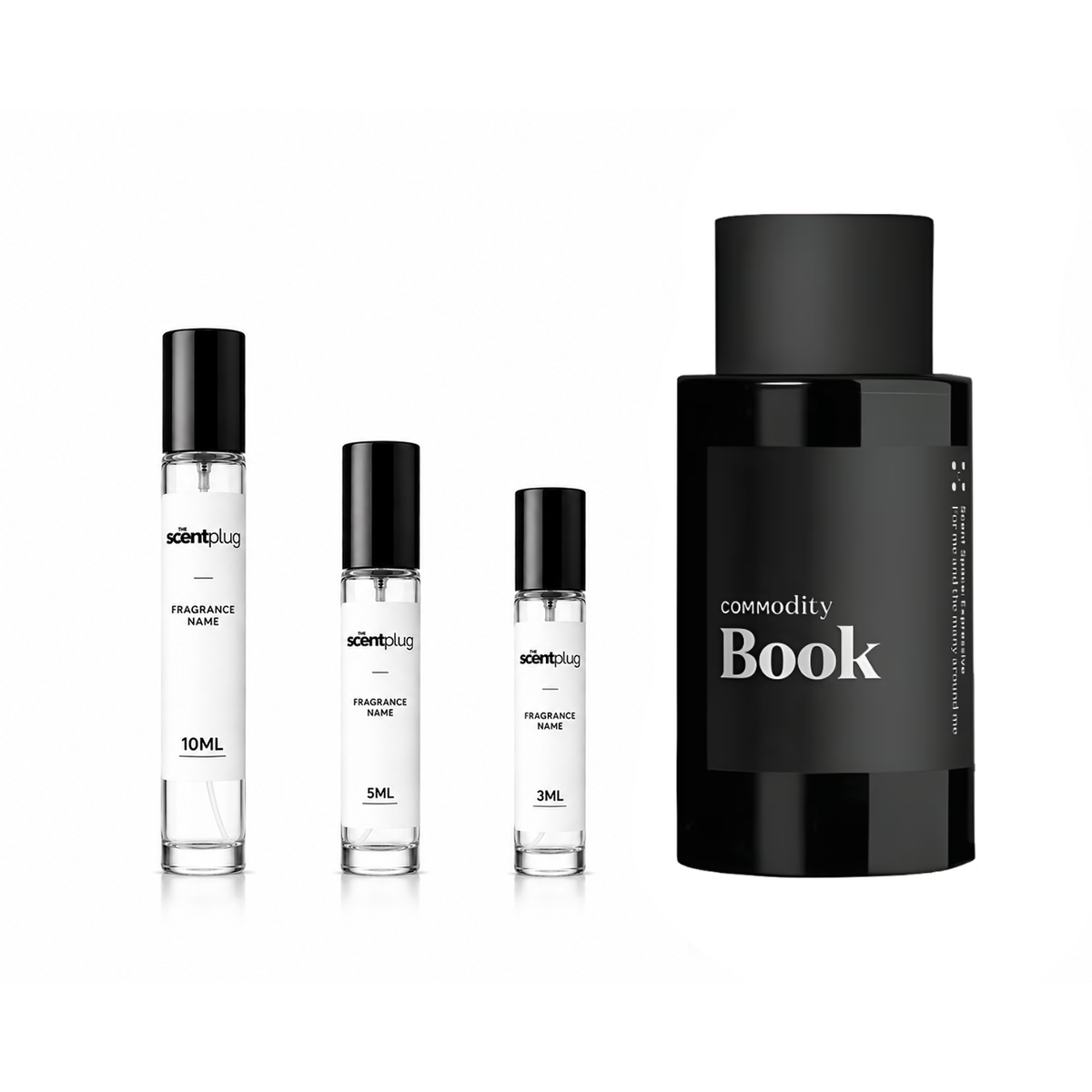 Sample of The Scent Plug Book Commodity decant in a small, clear container, showcasing the fragrance sample inside.