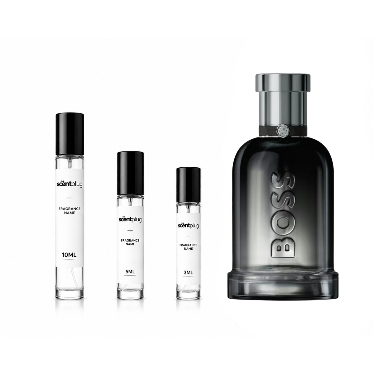 Sample of Boss Bottled Beyond by Hugo Boss in a decant bottle, showcasing the fragrance's sleek design and branding.