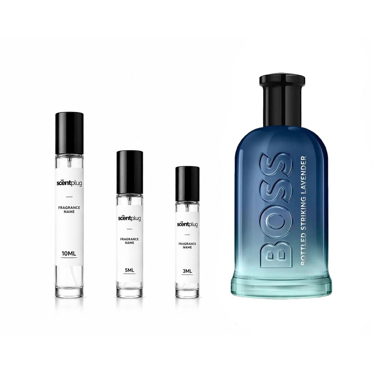 Decant of Boss Bottled Striking Lavender by Hugo Boss, showcasing the fragrance bottle with a sleek design and purple accents.