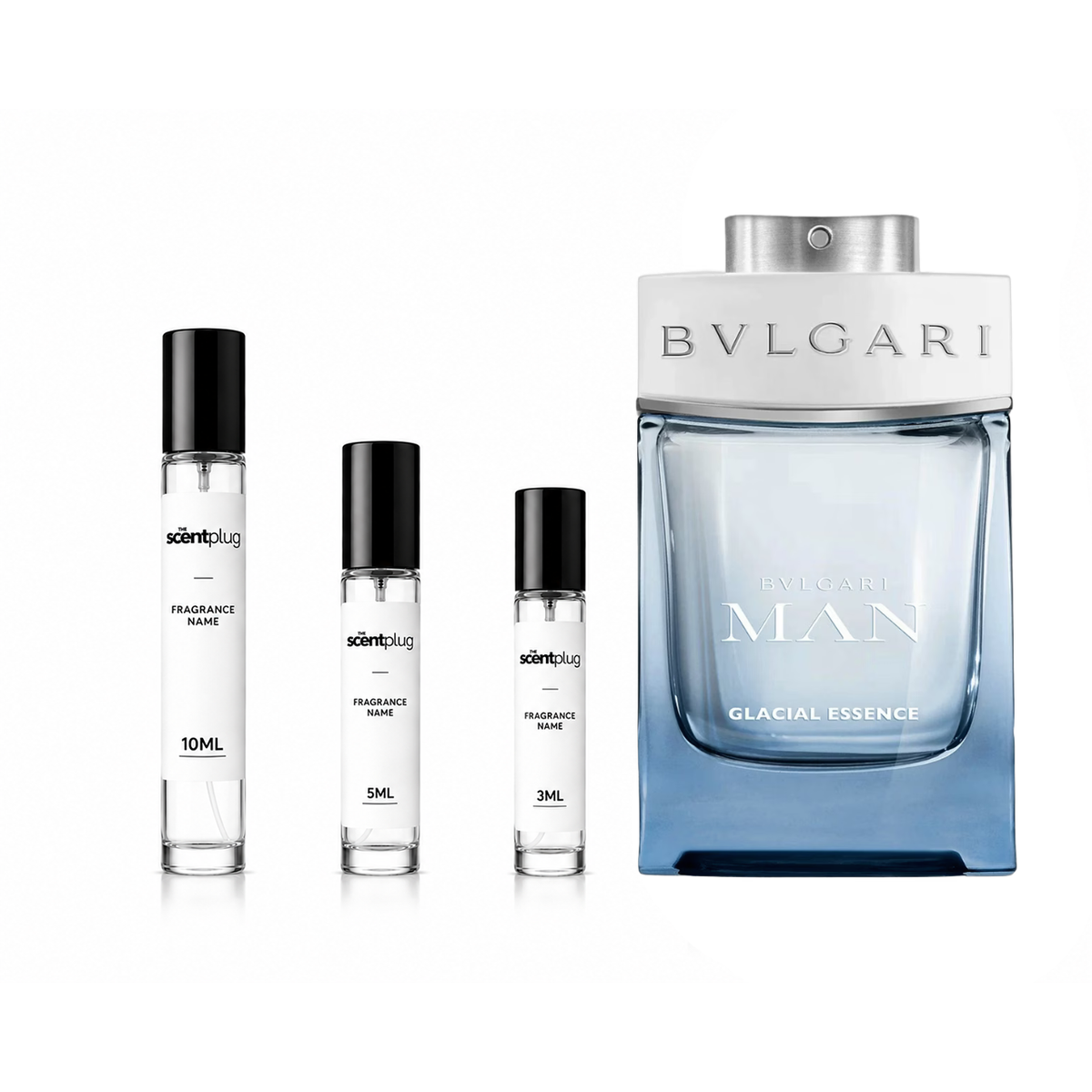 Bvlgari Man Glacial Essence decant sample bottle with clear label and cap, showcasing the luxury fragrance packaging.