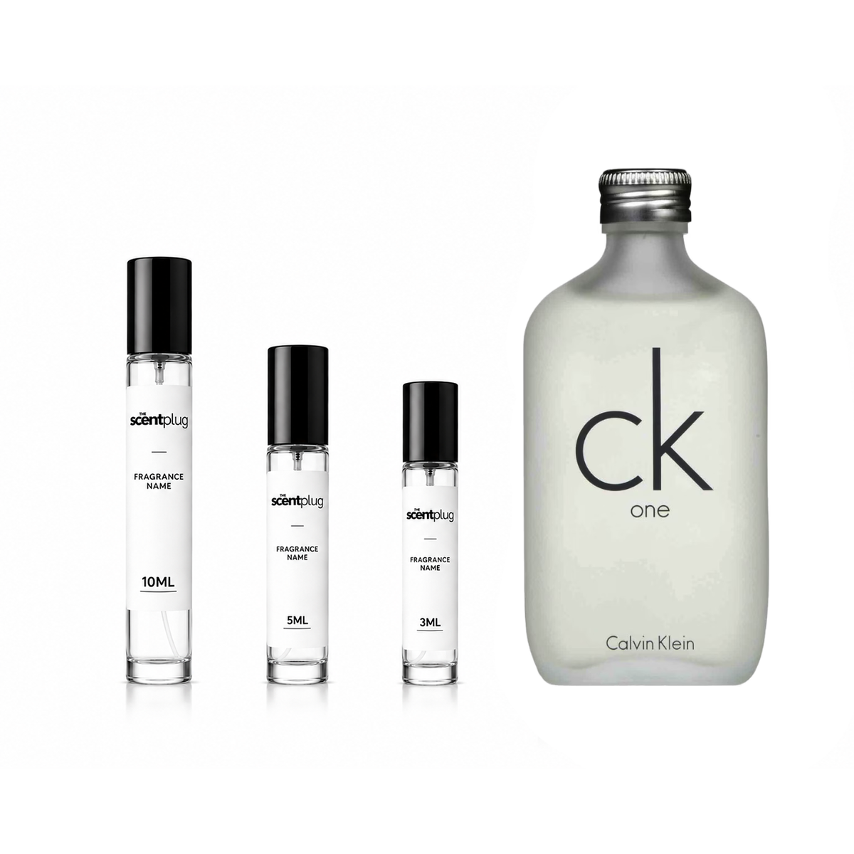 CK One Calvin Klein decant sample bottle from The Scent Plug, showcasing the fragrance label and packaging details.