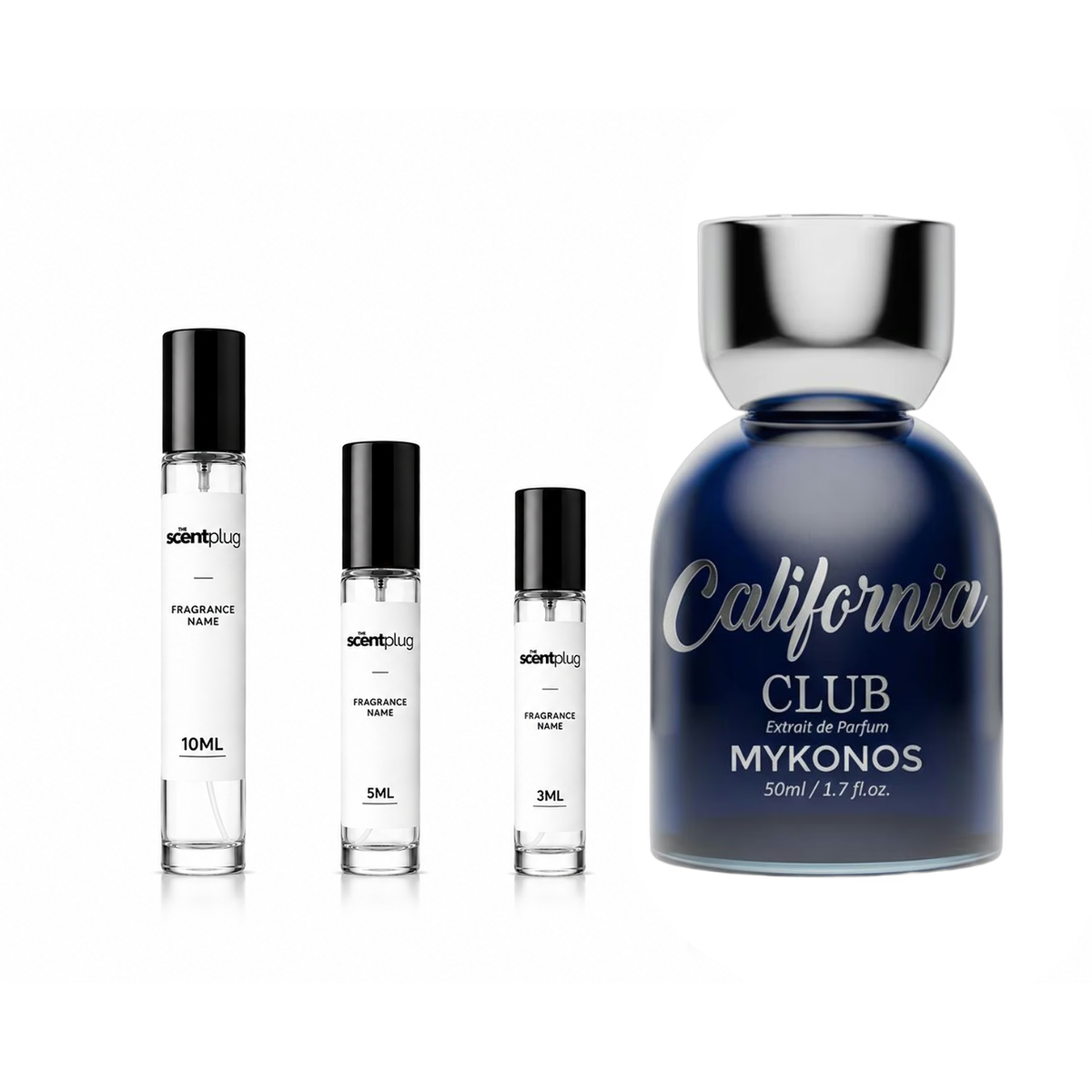 Sample of The Scent Plug California Club Mykonos perfume decant, showcasing the bottle and label design.