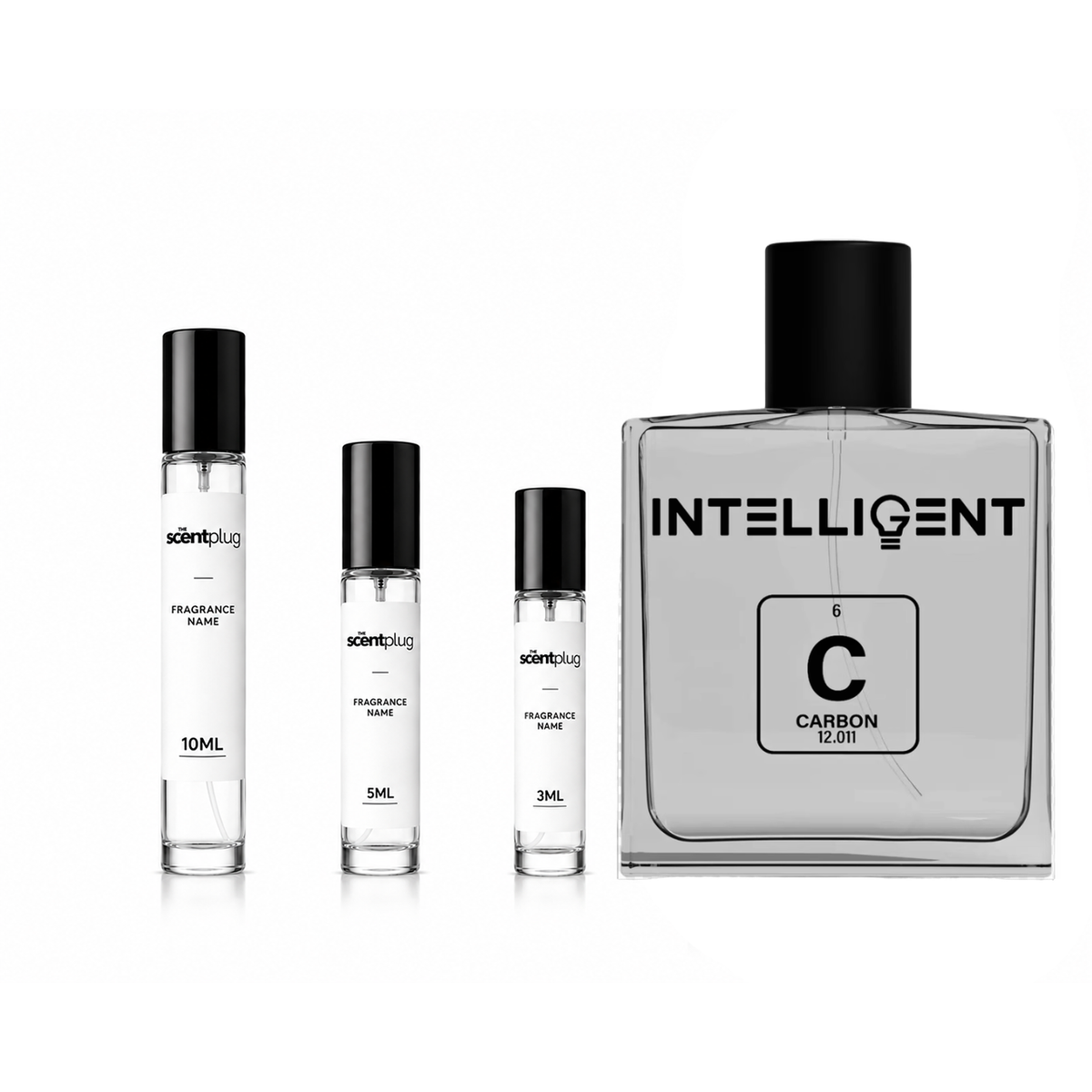 Sample of The Scent Plug Carbon Intelligent Decant bottle showing sleek black design and clear label for fragrance transfer.