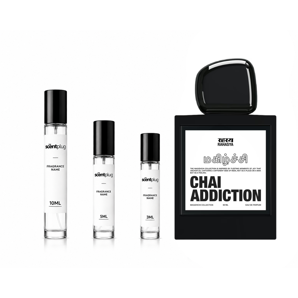 Chai Addiction Rahasya Decant sample bottle by The Scent Plug featuring a sleek, amber-colored container with a minimalist label.