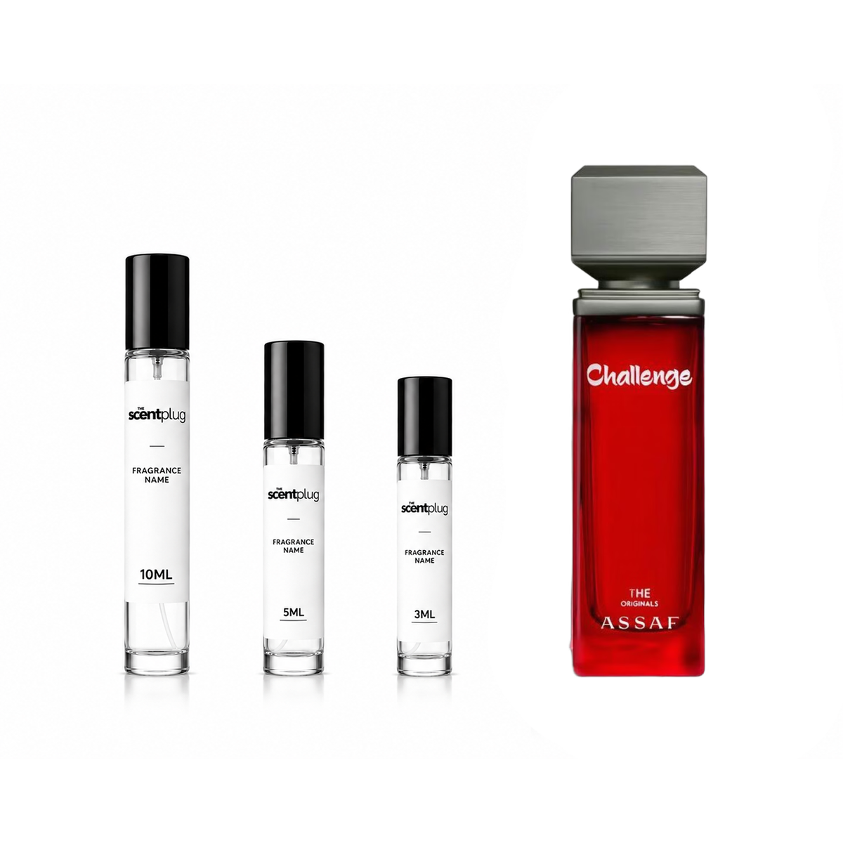 Challenge Assaf decant sample from The Scent Plug, featuring a sleek bottle with a clear liquid fragrance inside.