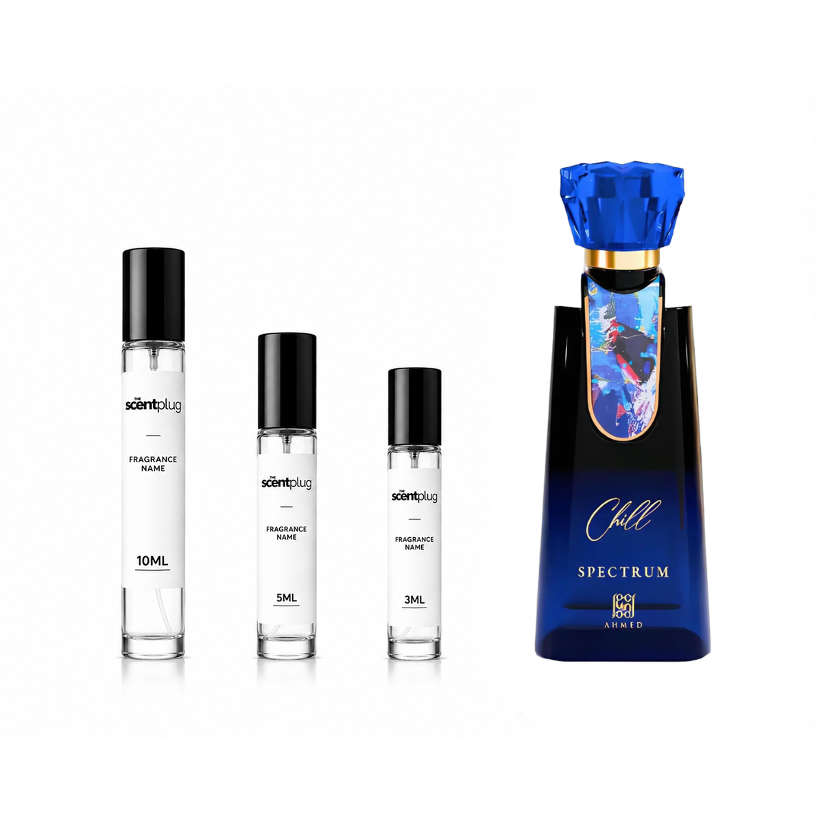 Chill Spectrum Ahmed Al Maghribi decant sample from The Scent Plug showcasing a small, clear glass bottle with a black cap and label