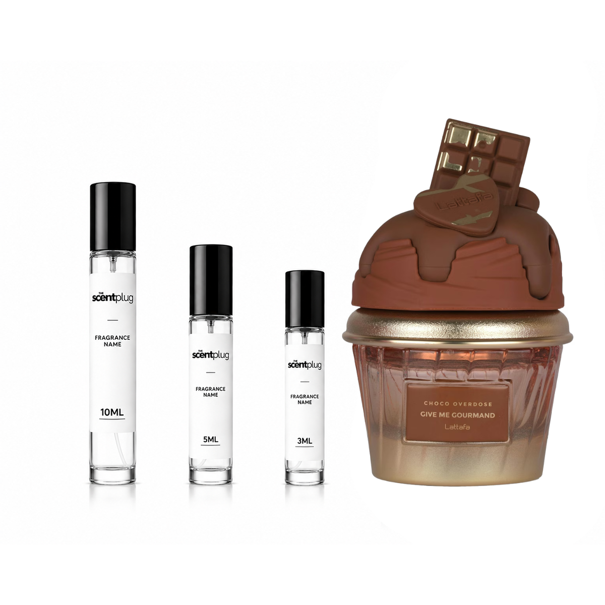 Choco Overdose Lattafa Perfumes decant sample by The Scent Plug, featuring rich chocolate and sweet fragrance notes.