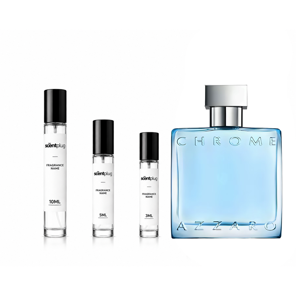 Chrome Azzaro decant sample bottle from The Scent Plug, showcasing a sleek silver and chrome design.