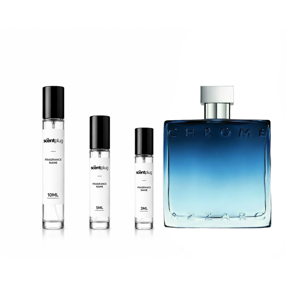 Chrome Eau de Parfum by Azzaro sample decant bottle, showcasing the sleek packaging of The Scent Plug fragrance sample.