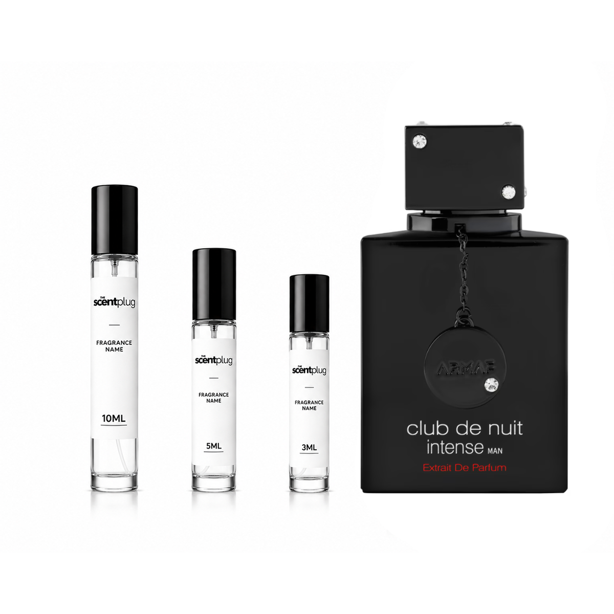 Sample bottle of Club De Nuit Intense Man Extrait by Armaf from The Scent Plug, showcasing the perfume decant with a sleek label.
