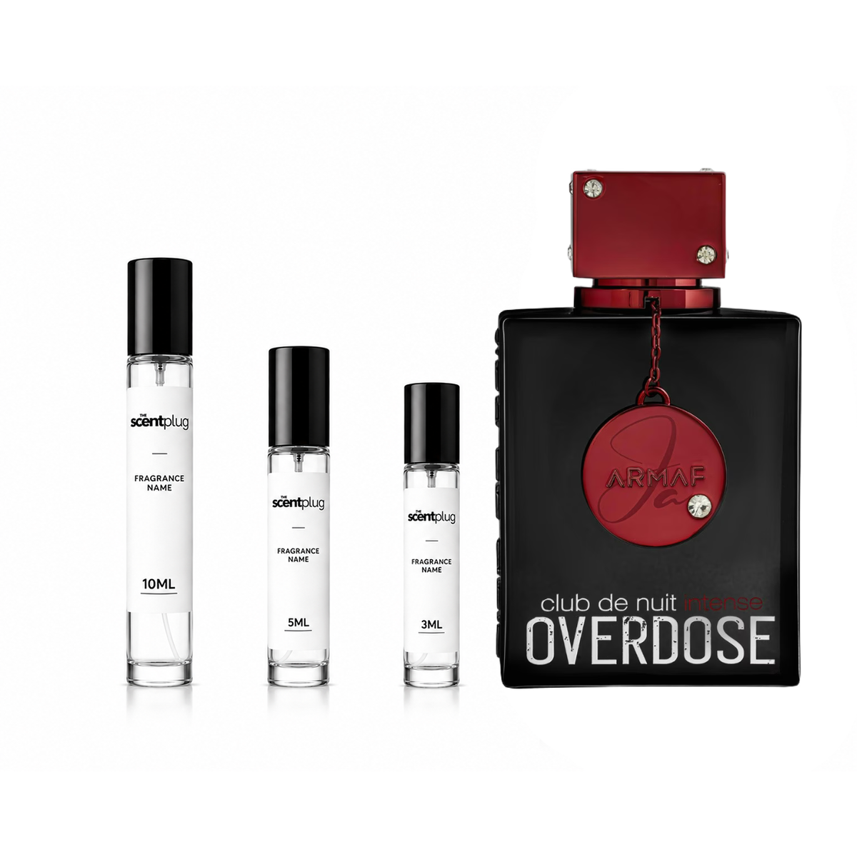 Sample of Club De Nuit Intense Overdose by Armaf in a decant bottle, showcasing the fragrance's sleek design and branding.