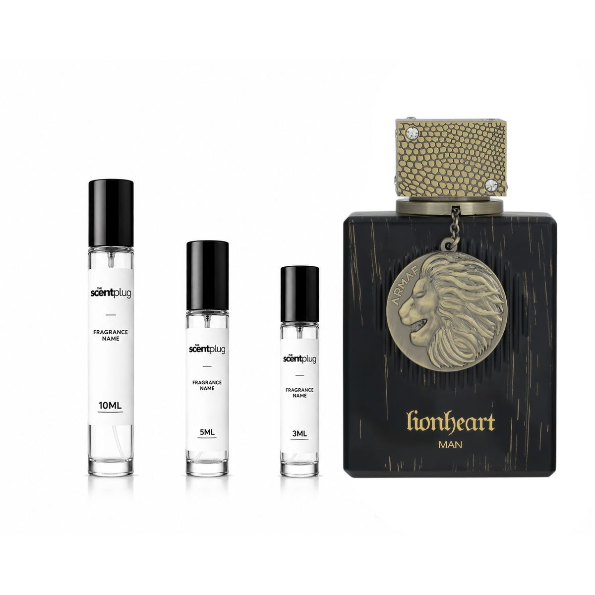 Sample of Club De Nuit Lionheart Man by Armaf perfume in a decant bottle, showcasing the fragrance's elegant design.