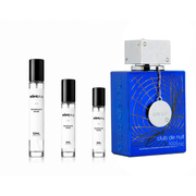 Sample of Club de Nuit Blue Iconic by Armaf, showcasing the perfume bottle with vibrant blue design and elegant branding.