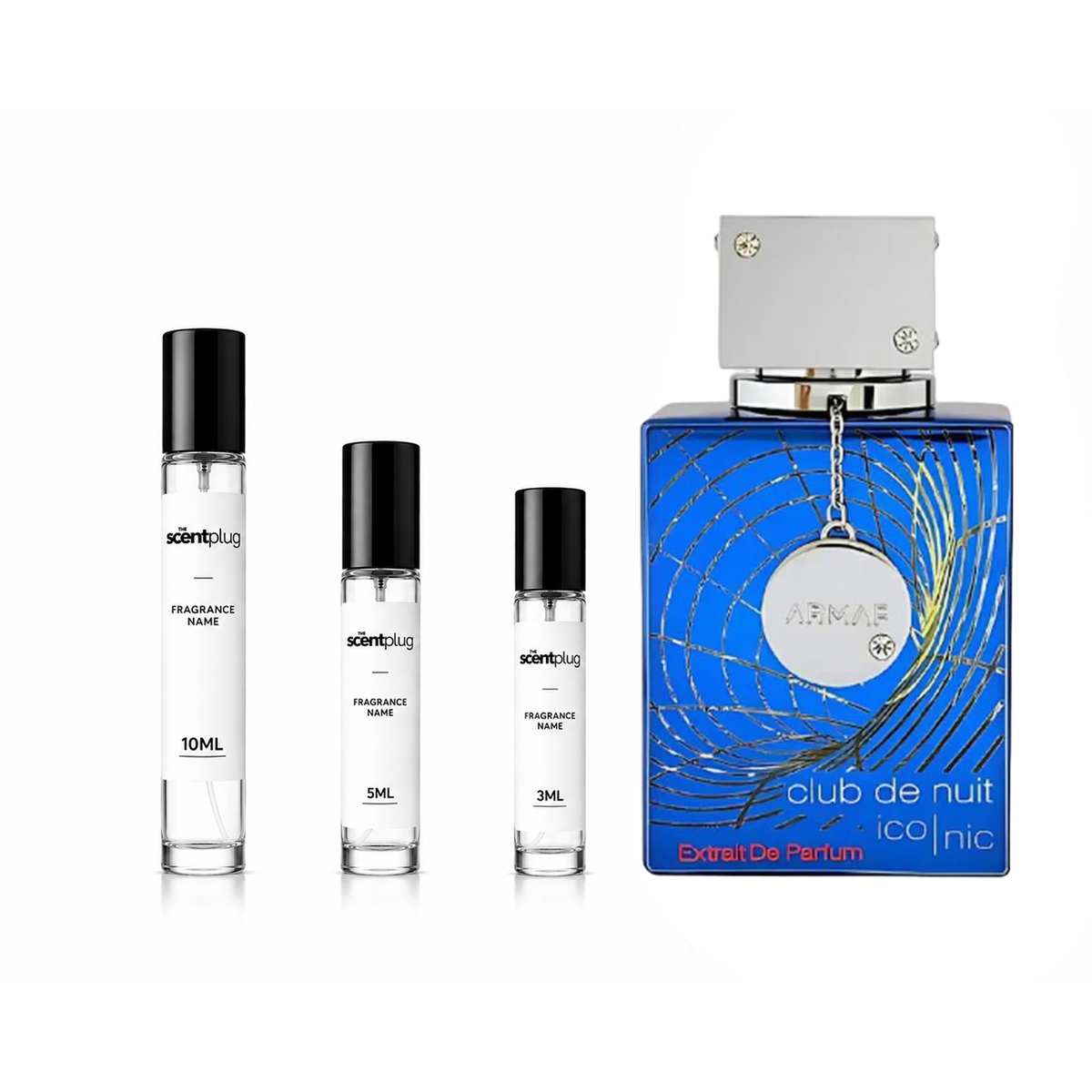 Sample of Armaf Club de Nuit Iconic Extrait de Parfum by The Scent Plug, showing the perfume bottle and packaging.