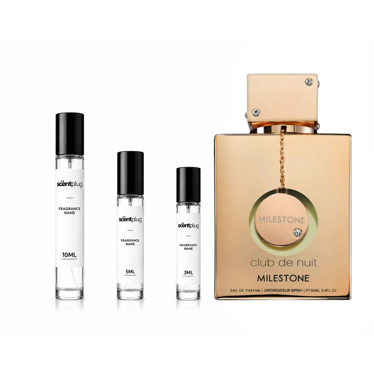 Sample of Club de Nuit Milestone by Armaf in a decant bottle, showcasing the fragrance's sleek design and branding.