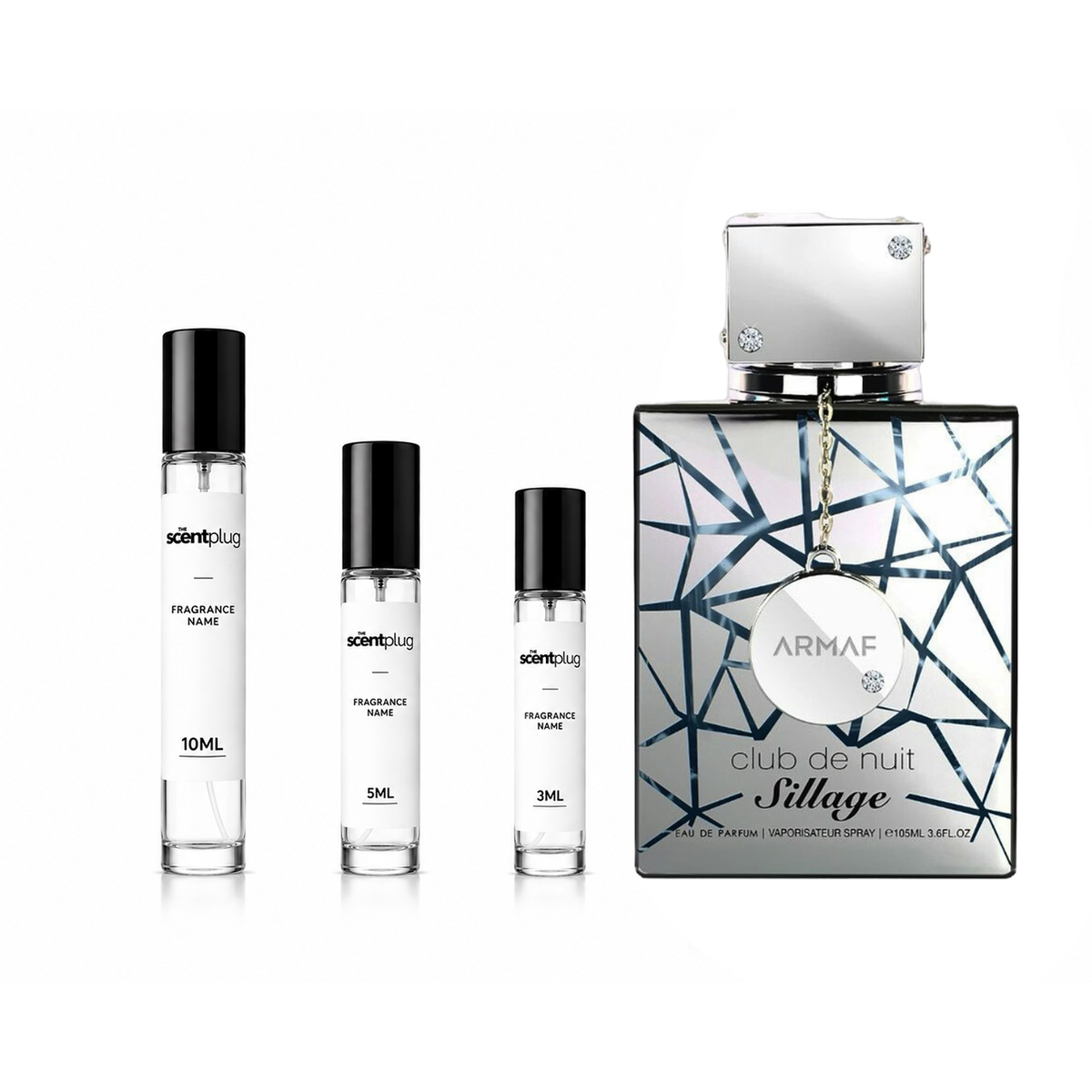 Sample of Club de Nuit Sillage by Armaf in a decant bottle, showcasing the fragrance's elegant design and branding.